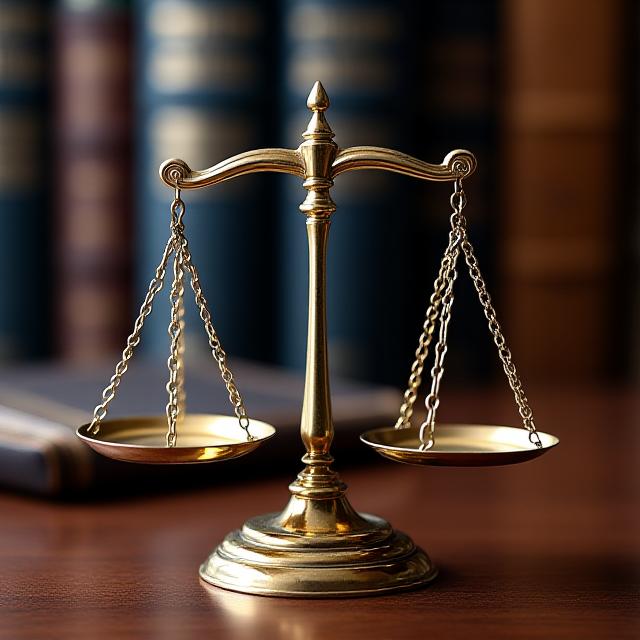 Golden scales of justice on a dark wooden desk with professional documents